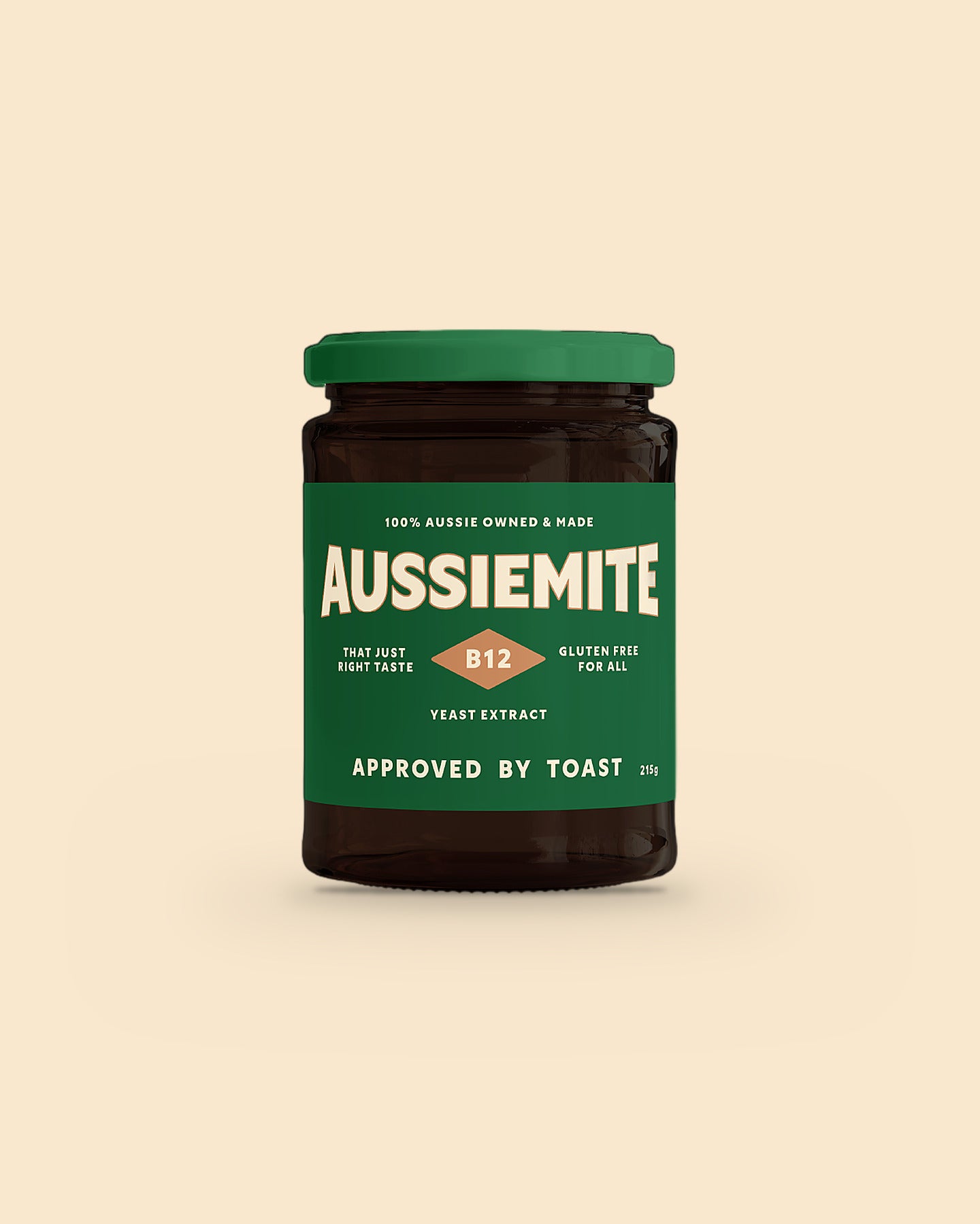 A 215 g jar of AussieMite with a green lid